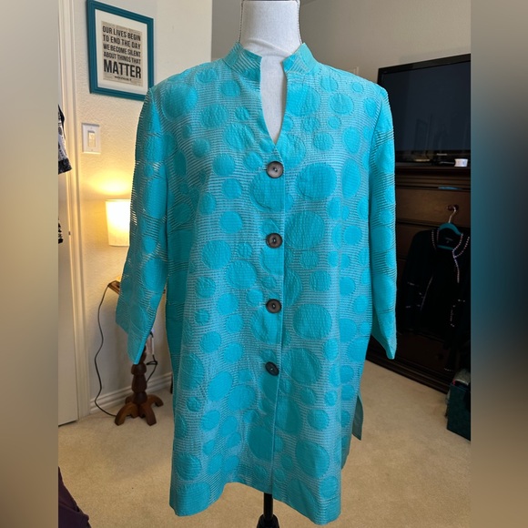 Ming Wang Jackets & Blazers - Turquoise Polka Dot Button-Up Jacket